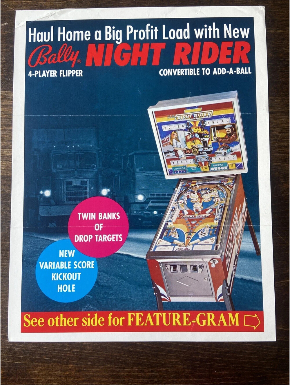 Bally Night Rider Arcade Pinball FLYER Original Ad Promo Poster Not PCB